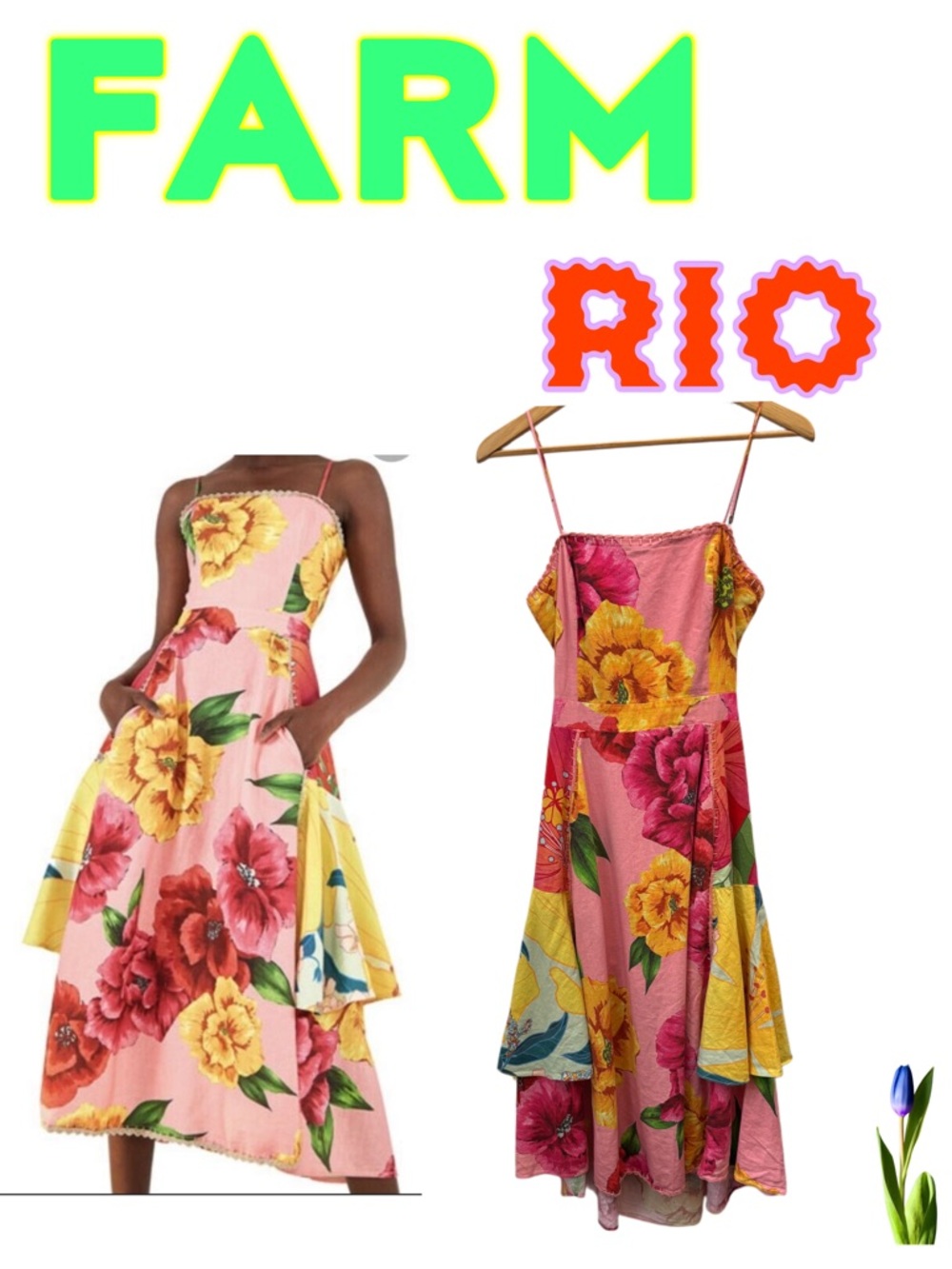 Farm Rio Chita Pink Floral Dress Bold Floral, Wedding Guest straps Size S